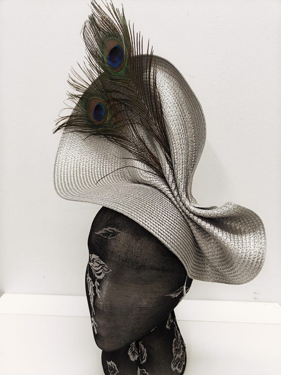 grey silver large straw fascinator millinery burlesque wedding hat on headband ascot party race cosplay handmade unique design