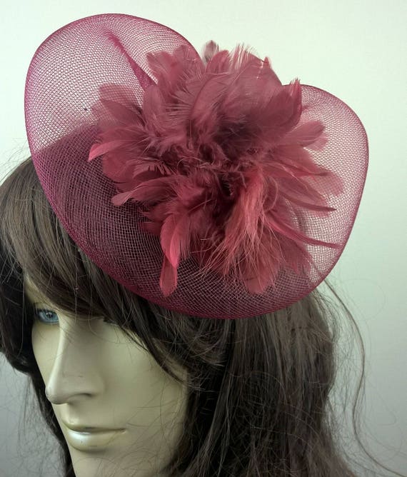 dark red feather flower crin netting fascinator millinery burlesque hair clip hen party bridal ascot race fancy dress british