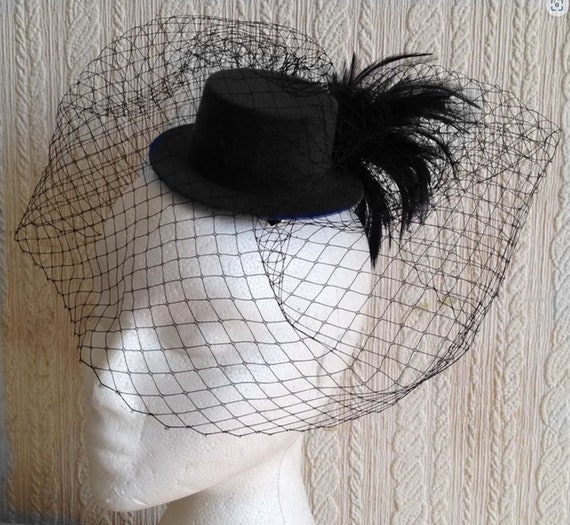 black feather french veil veiling mini top hat fascinator millinery burlesque hair clip hen party bridal ascot race fancy dress