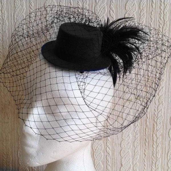 schwarze Federn französischer Schleier Mini Zylinder Hut Fascinator Hut Haarspange burlesque Haarclip Junggesellinnenabschied Brautjungfer