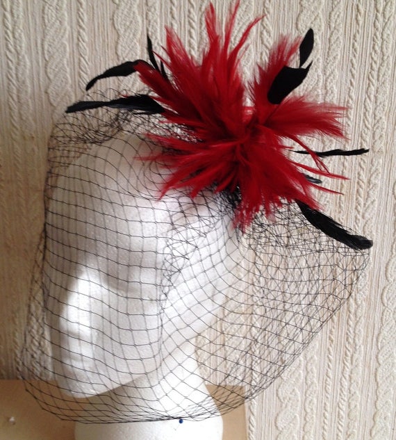 red feather flower black french veil veiling fascinator millinery burlesque hair clip hen party bridal ascot race fancy dress