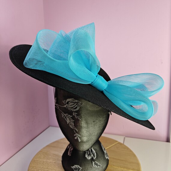 black tuequoise blue large fascinator millinery burlesque wedding hat headband party race cosplay handmade Kentucky Derby Royal Ascot