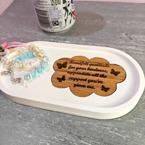 Custom hand made personalised bespoke real hard solid wood laser cut engraving plaster gypsum casting jewellery ring trinket key tray dish