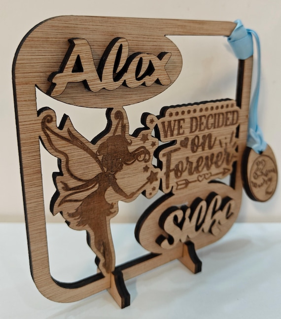 Personalised custom made laser cut engraved wood name word desk table stand free standing wall plaque birthday card sign logo design service