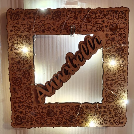 Personalised bespoke laser cut engrave wood name word desk table stand free standing wall door plaque card sign logo design fairy light