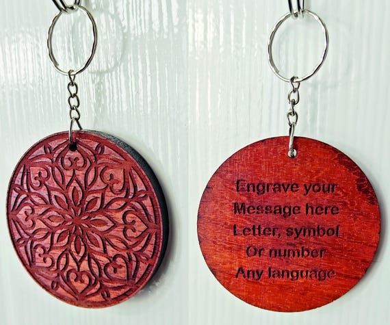 personalised custom made bespoke solid hard wood key chain keyring mandala flower pattern laser cut engraved wenge padauk camphor chinaberry