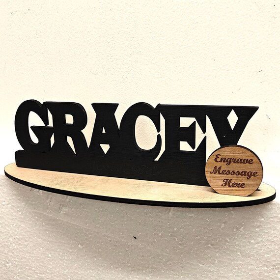 Black personalised custom made laser cut engraved wood wooden letter name word number desk table stand plaque sign logo design office home