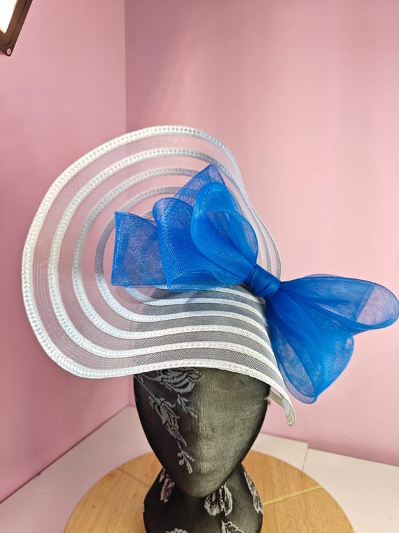 white blue straw crinoline bow fascinator millinery burlesque wedding hat headband royal ascot party house race cosplay Kentucky derby