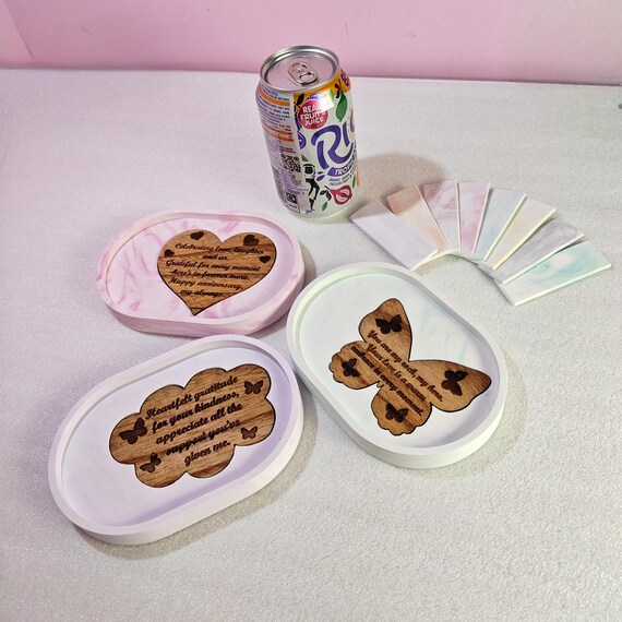 Custom hand made personalised bespoke real hard solid wood laser cut engraving plaster gypsum eco resin casting jewellery trinket tray dish