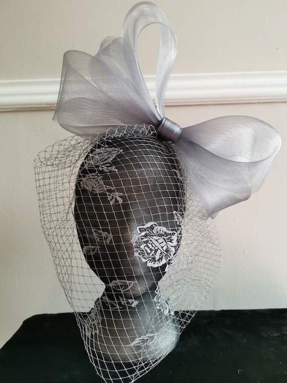 grey veil veiling crin fascinator millinery burlesque headband wedding hat hair piece
