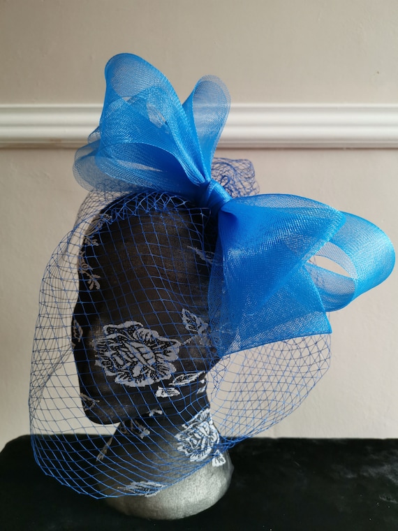 blue veil veiling crin fascinator millinery burlesque headband wedding hat hair piece