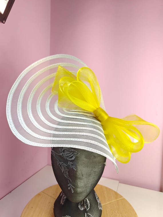 white yellow straw crinoline bow fascinator millinery burlesque wedding hat headband royal ascot party house race cosplay Kentucky derby