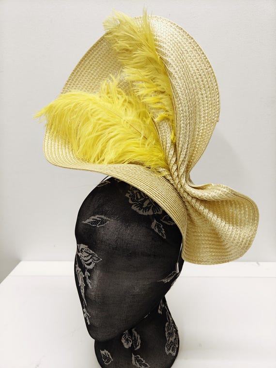 golden yellow large straw fascinator millinery burlesque wedding hat on headband ascot party race cosplay handmade unique design