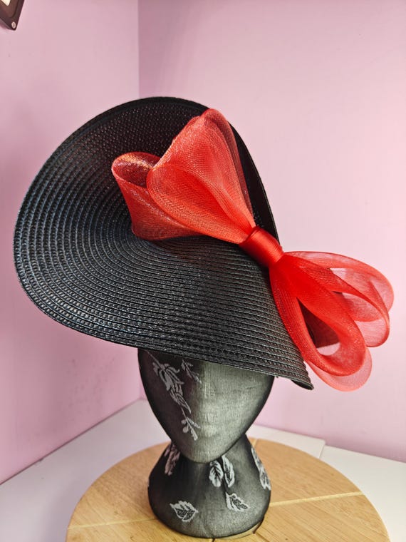 black red straw crinoline bow fascinator millinery burlesque wedding hat on headband royal ascot party house race cosplay Kentucky derby