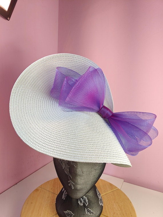 white purple straw crinoline bow fascinator millinery burlesque wedding hat on headband royal ascot party house race cosplay Kentucky derby