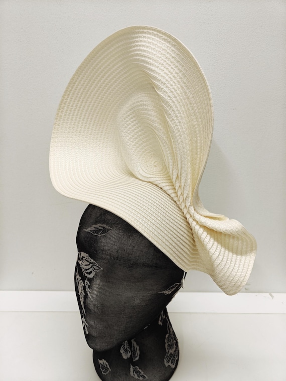 ivory off white large straw fascinator millinery burlesque wedding hat on headband ascot party race cosplay handmade unique design