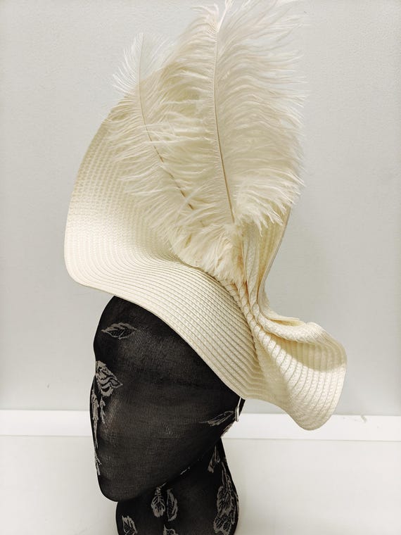 ivory off white large straw fascinator millinery burlesque wedding hat on headband ascot party race cosplay handmade unique design