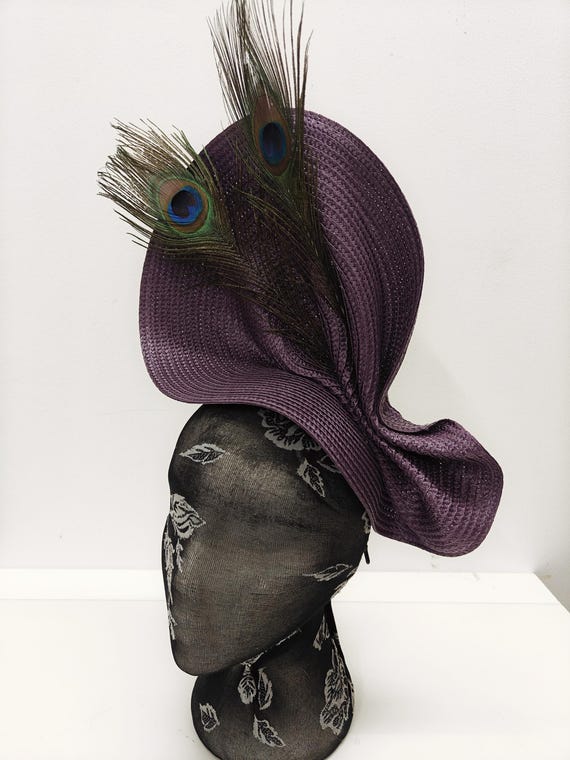 dark purple large straw fascinator millinery burlesque wedding hat on headband ascot party race cosplay handmade unique design