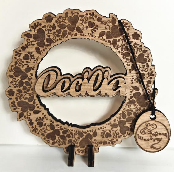 Personalised bespoke laser cut engrave wood name word desk table stand free standing wall door plaque birthday card sign logo design service