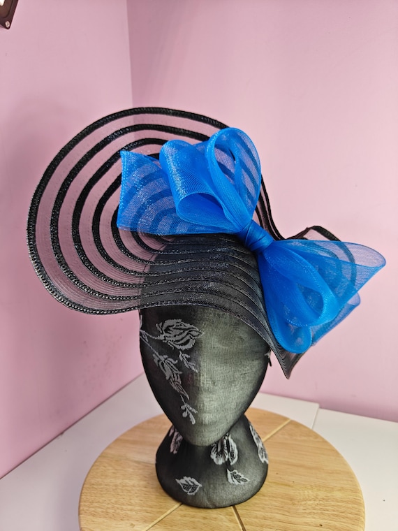 black blue straw crinoline bow fascinator millinery burlesque wedding hat headband royal ascot party house race cosplay Kentucky derby
