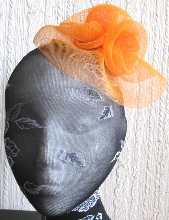 orange crin flower netting fascinator millinery burlesque hair clip brooch hen party bridal ascot race fancy dress british