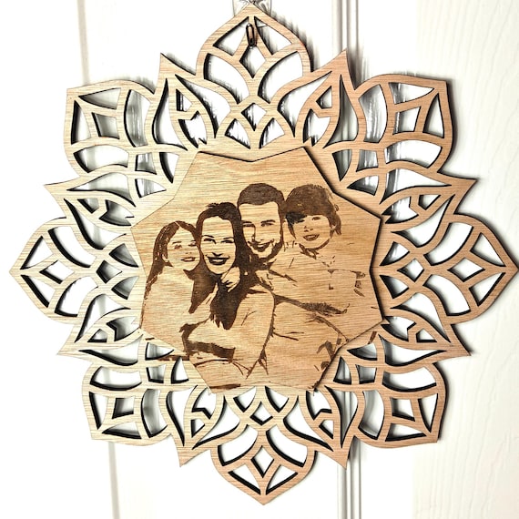 personalised picture photo name message wooden mandala flower pattern wall door decoration laser cut engraved home art wood sign fairy light