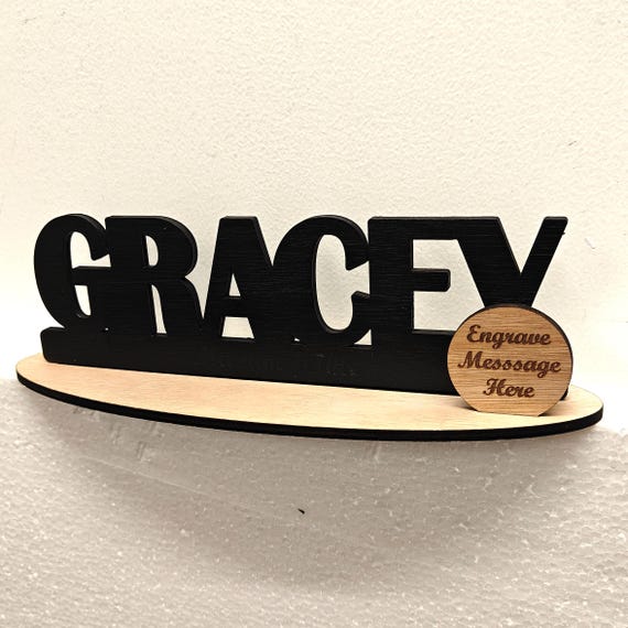 Black personalised custom made laser cut engraved wood wooden letter name word number desk table stand plaque sign logo design office home