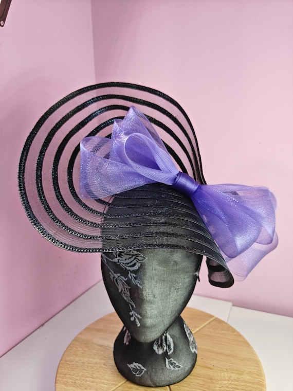 black purple straw crinoline bow fascinator millinery burlesque wedding hat headband royal ascot party house race cosplay Kentucky derby