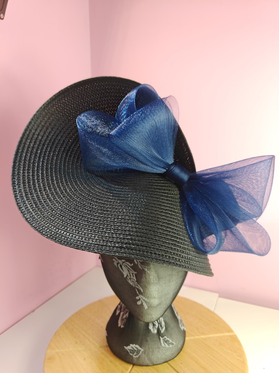 black navy straw crinoline bow fascinator millinery burlesque wedding hat on headband royal ascot party house race cosplay Kentucky derby