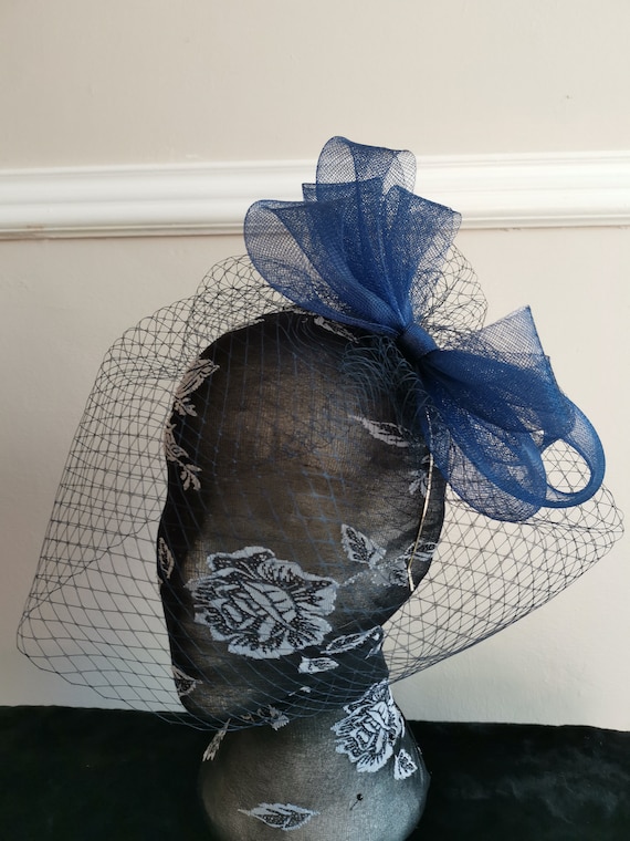 navy blue veil veiling crin fascinator millinery burlesque headband wedding hat hair piece