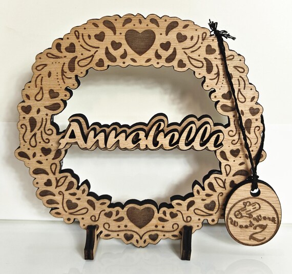 Personalised bespoke laser cut engrave wood name word desk table stand free standing wall door plaque birthday card sign logo design service