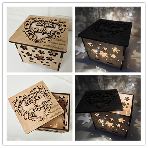 Personalised bespoke custom made laser cut wooden gift box 3 speed night fairy light name message engraved wood wedding birthday present