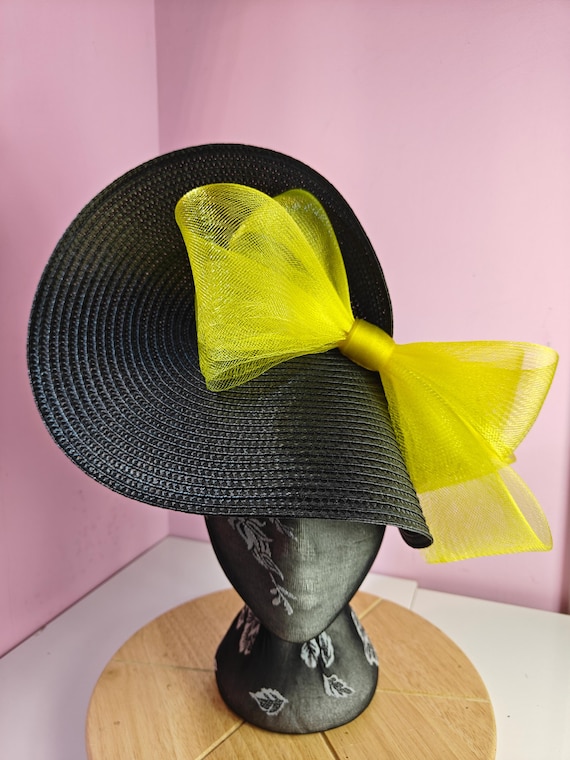 black yellow straw crinoline bow fascinator millinery burlesque wedding hat on headband royal ascot party house race cosplay Kentucky derby