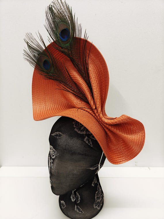 orange large straw fascinator millinery burlesque wedding hat on headband ascot party race cosplay handmade unique design