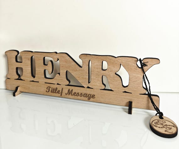 Personalised bespoke custom made laser cut engraved wood name word desk table stand free standing wall door plaque  sign logo design service