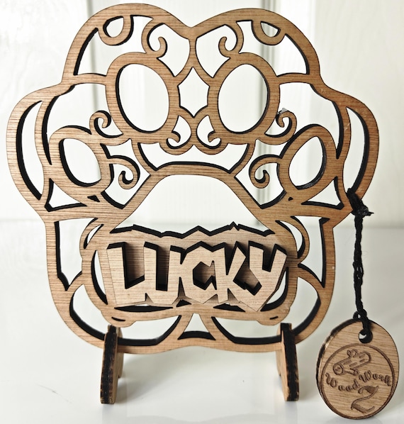 Personalised bespoke pet dog paw laser cut engraved wood name word desk table stand free standing wall door plaque sign logo design service
