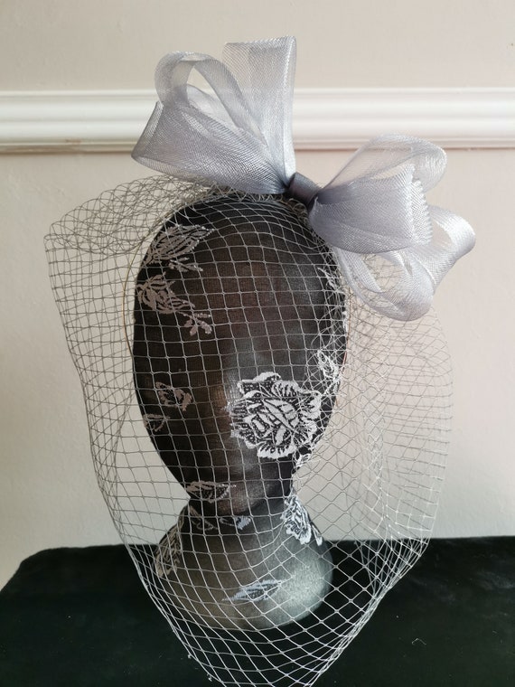 grey veil veiling crin fascinator millinery burlesque headband wedding hat hair piece