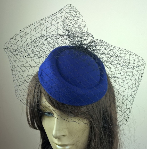 blue pill box hat black french veil veiling fascinator millinery burlesque hair clip hen party bridal ascot race fancy dress