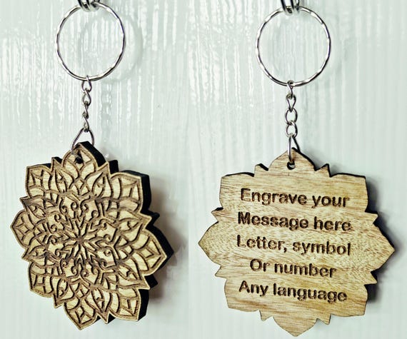 personalised custom made bespoke solid hard wood key chain keyring mandala flower pattern laser cut engraved wenge padauk camphor chinaberry