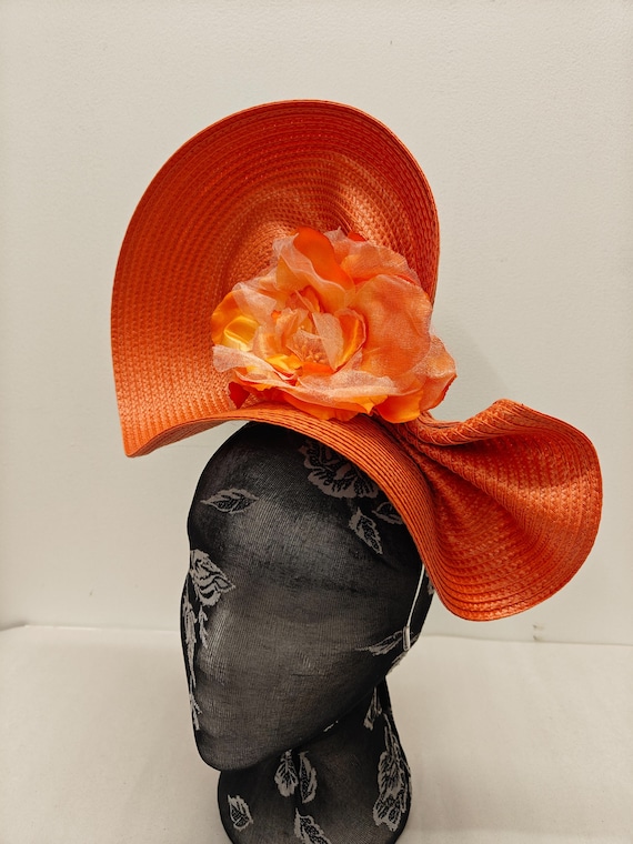 orange large straw fascinator flower millinery burlesque wedding hat on headband ascot party race cosplay handmade unique design