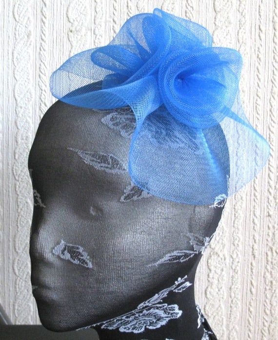 blue crin flower netting fascinator millinery burlesque hair clip brooch hen party bridal ascot race fancy dress british