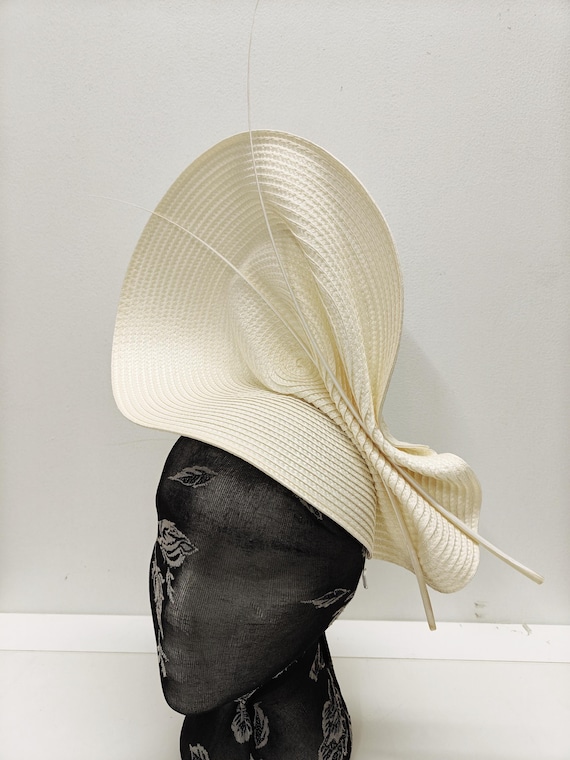 ivory off white large straw fascinator millinery burlesque wedding hat on headband ascot party race cosplay handmade unique design