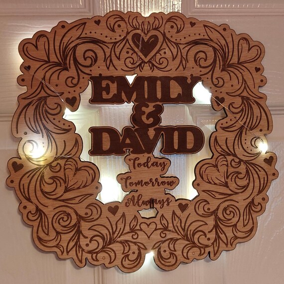 custom made personalised bespoke laser cut engraved wood picture photo name word wall door plaque letter number sign logo design fairy light