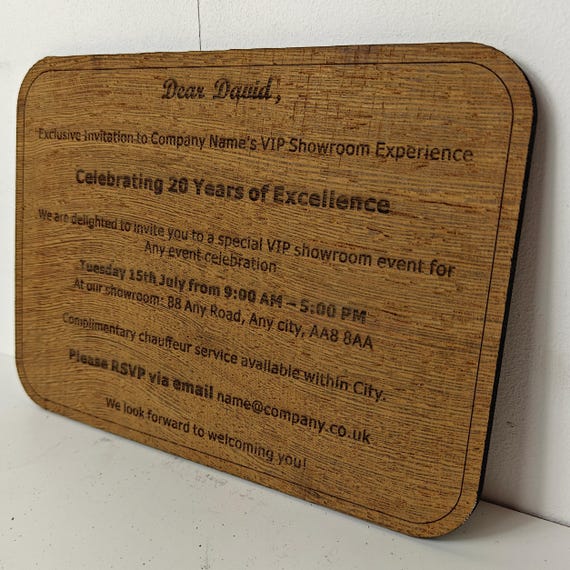 Custom made personalised real hard solid wenge wood laser engraving plaque card wedding invitation valentine anniversary Christmas gift