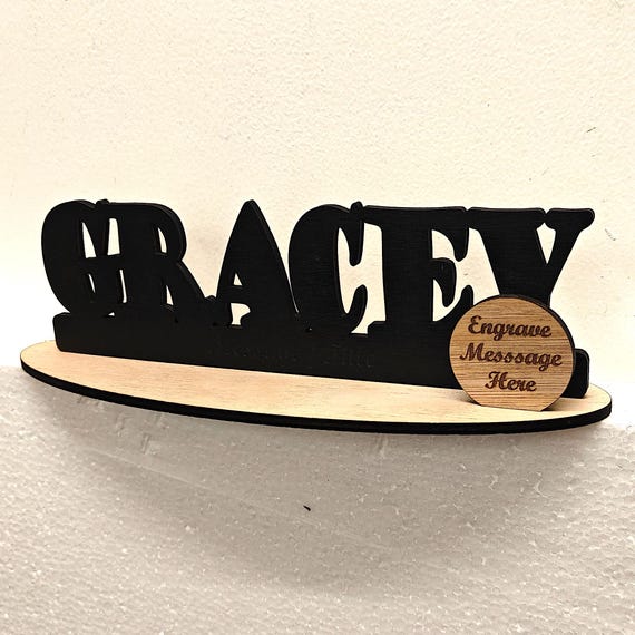 Black personalised custom made laser cut engraved wood wooden letter name word number desk table stand plaque sign logo design office home