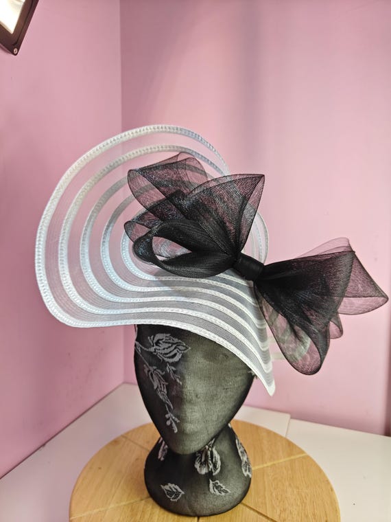 white black straw crinoline bow fascinator millinery burlesque wedding hat headband royal ascot party house race cosplay Kentucky derby