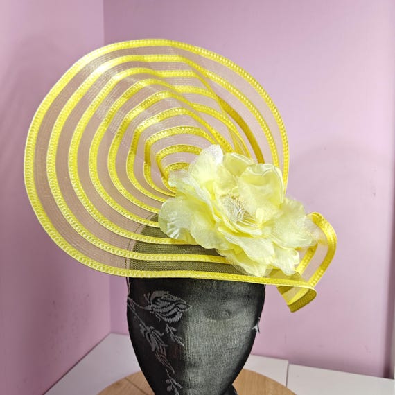yellow large fascinator satin flower millinery wedding hat headband party race handmade cosplay Kentucky Derby Royal Ascot