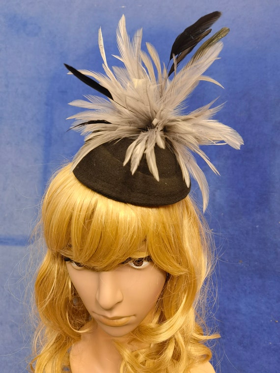Grey black feather black pill box hat fascinator millinery burlesque hair clip hen party bridal ascot race fancy dress British