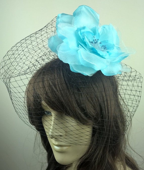 light blue satin flower black french veil veiling fascinator millinery burlesque hair clip hen party bridal ascot race fancy dress british