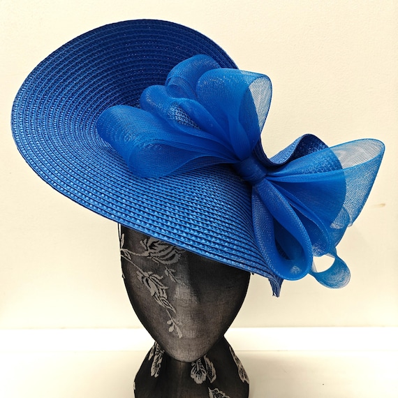 azure blue large straw crinoline bow fascinator millinery burlesque wedding hat on headband ascot party race cosplay
